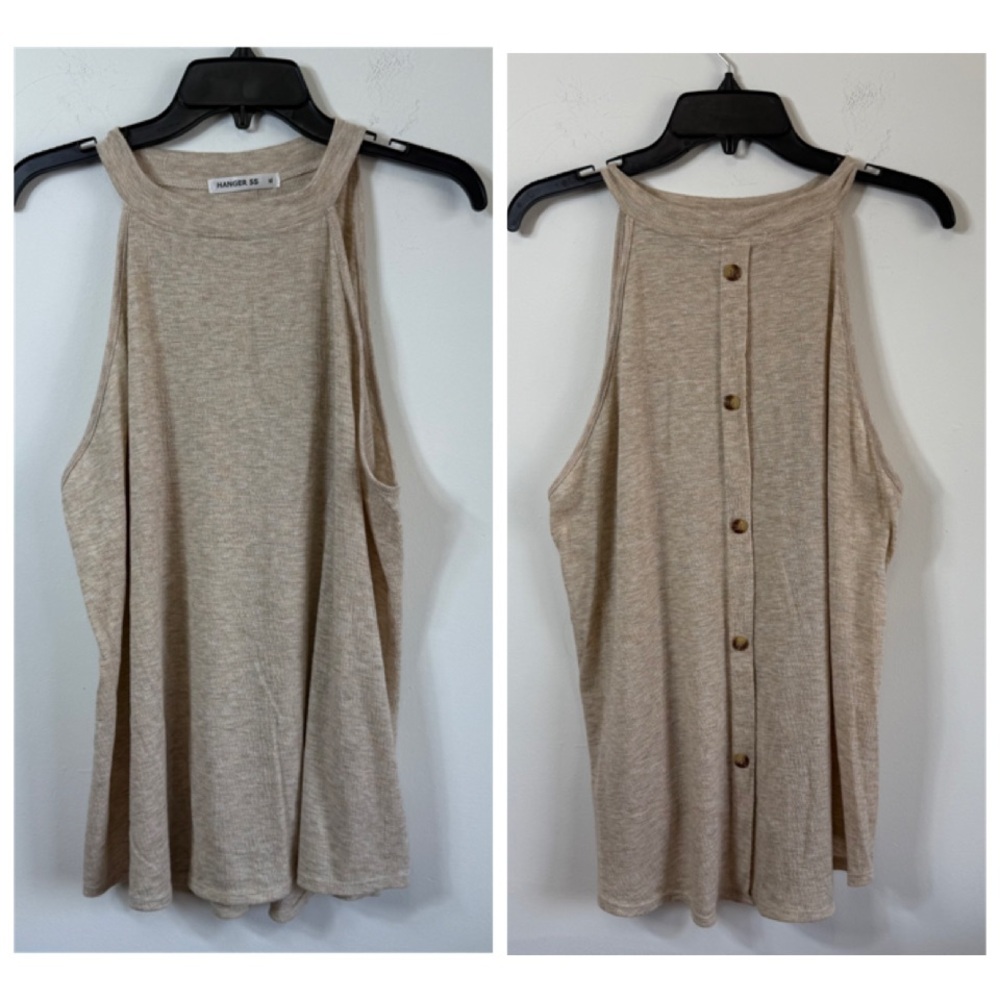 Hanger 55 Oatmeal Ribbed High Neck Button Back Halter Tank Top XL